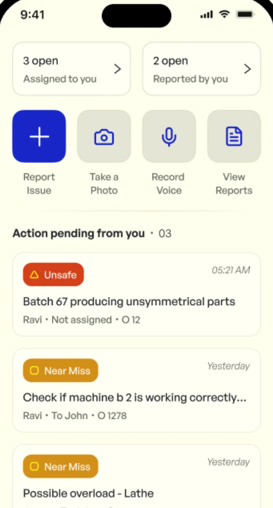 Notch app home screen: open reports, and buttons to report an issue by photo, voice or text.