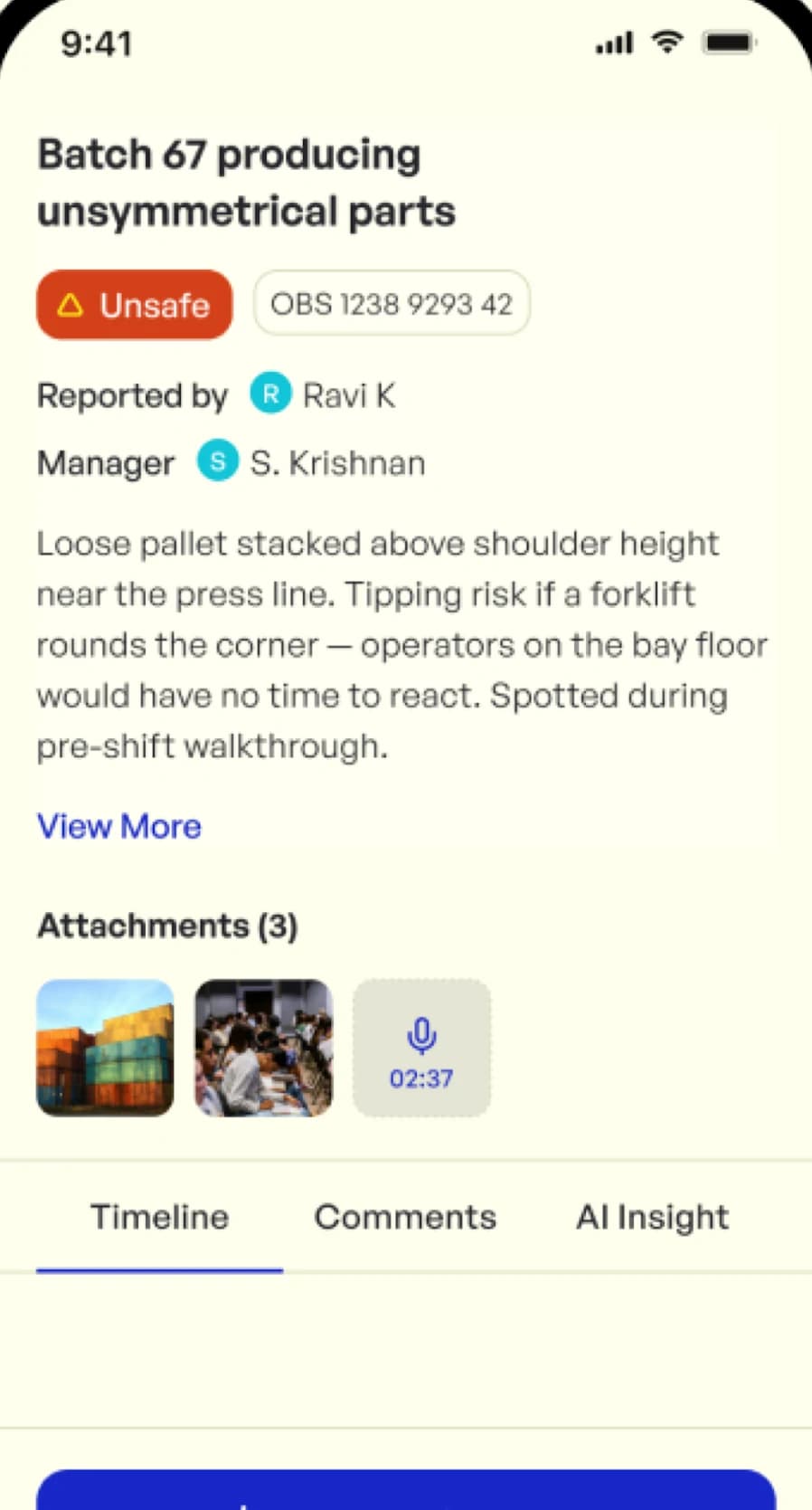 Notch app report screen: an unsafe observation with its reporter, manager, photos and an AI Insight tab.