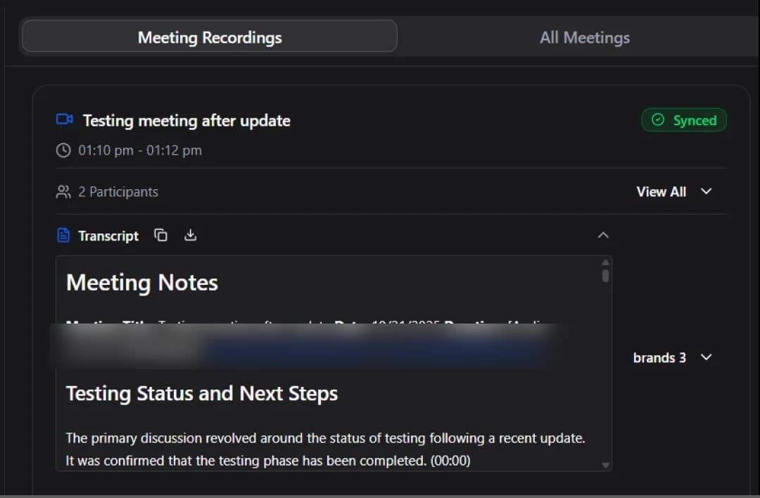 Second Brain meetings: a synced recording with Echo’s meeting notes from the transcript.
