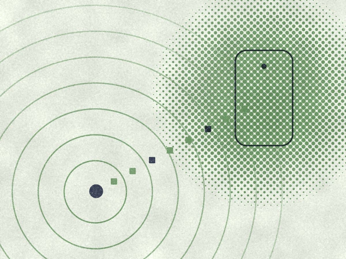 Risograph print: signal rings spreading from a dot toward a device, with a row of decoded bytes between them.